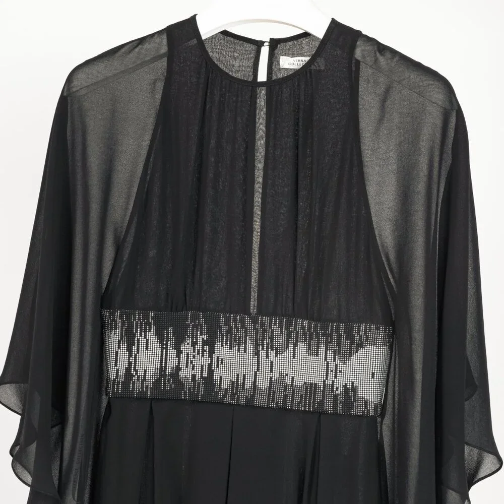 Versace Collection Black Crepe Rhinestone-Waist Cape Mini Dress - Picture 3 of 12
